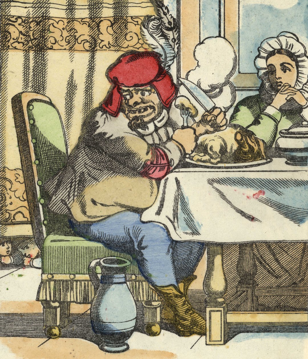 Ogre ved bordet, føler nærværet til lille Poucet og hans brødre. Illustrasjon av historien "" Le Pepetit Poucet"" av Charles Perrault av Unknown artist
