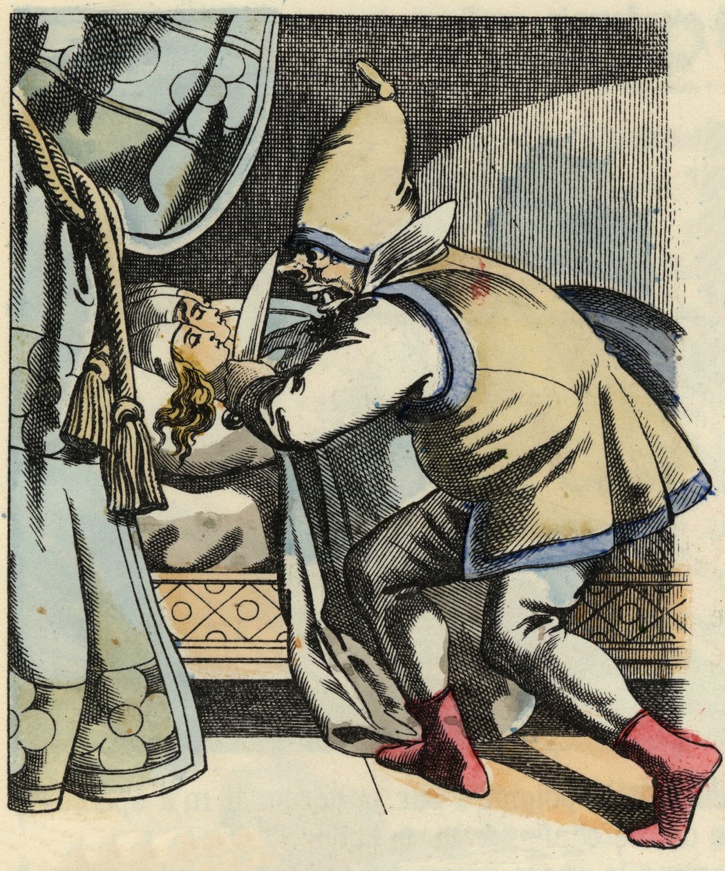 Trolden kutter hodet til de syv døtrene sine og tenker på å drepe den lille Poulet og brødrene hans. Illustrasjon av historien "" Le Petite Poucet"" av Charles Perrault av Unknown artist