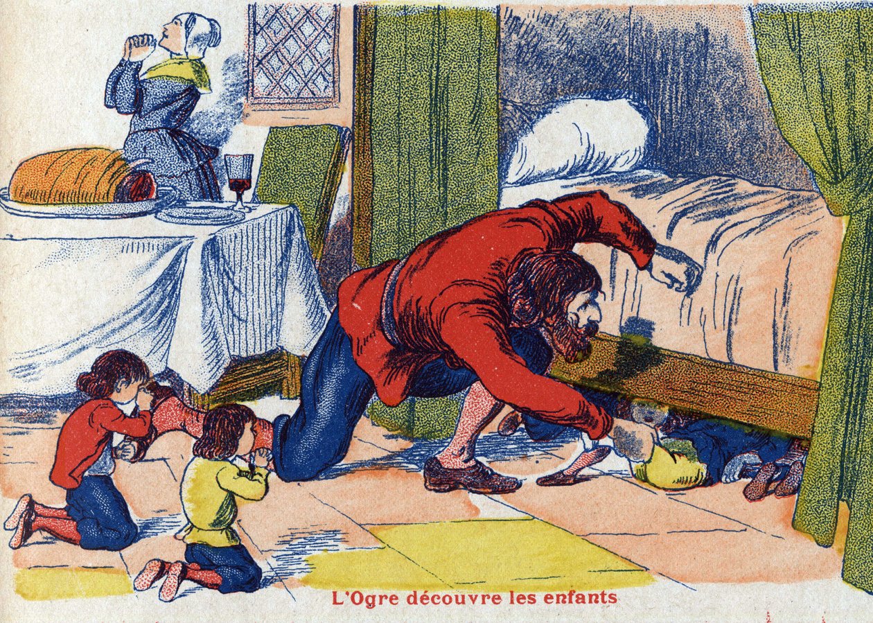 Ogre oppdager barna. Illustrasjon for "" Le Pepetit poucet"", fortelling av Charles Perrault (1628-1703), fransk forfatter. Anonym illustrasjon. Bilder Marcel Vagne, Jarville Nancy, udatert (slutten av 1800-tallet). av Unknown artist
