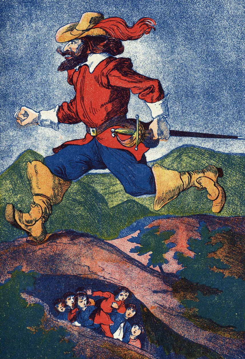 Ogre leter etter barn. Illustrasjon for "" Le Pepetit poucet"", fortelling av Charles Perrault (1628-1703), fransk forfatter. Illustrasjon anonym. Bilder Marcel Vagne, Jarville Nancy, udatert (slutten av 1800-tallet). av Unknown artist
