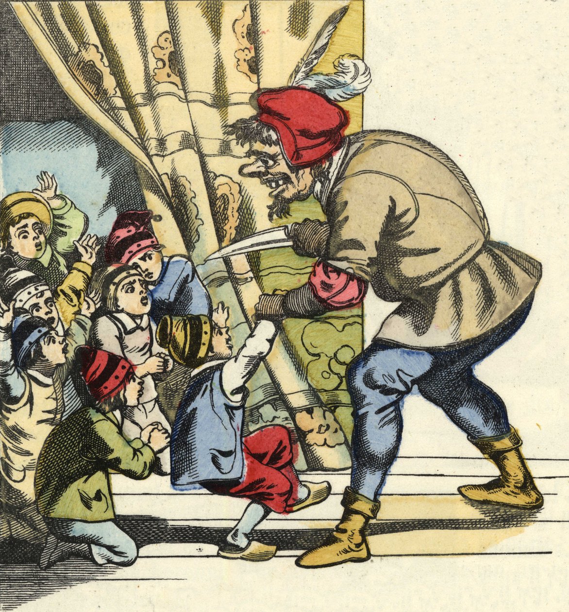 The ogre takes a child with the intention of devouring her. Illustration of the tale “” Le Pepetit Poucet”” by Charles Perrault av Unknown artist