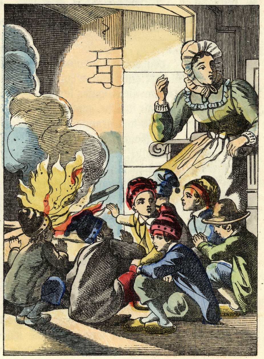 Troldens kone varmer opp den lille poucet og brødrene hans med bål. Illustrasjon av historien "" Le Pepetit Poucet"" av Charles Perrault av Unknown artist