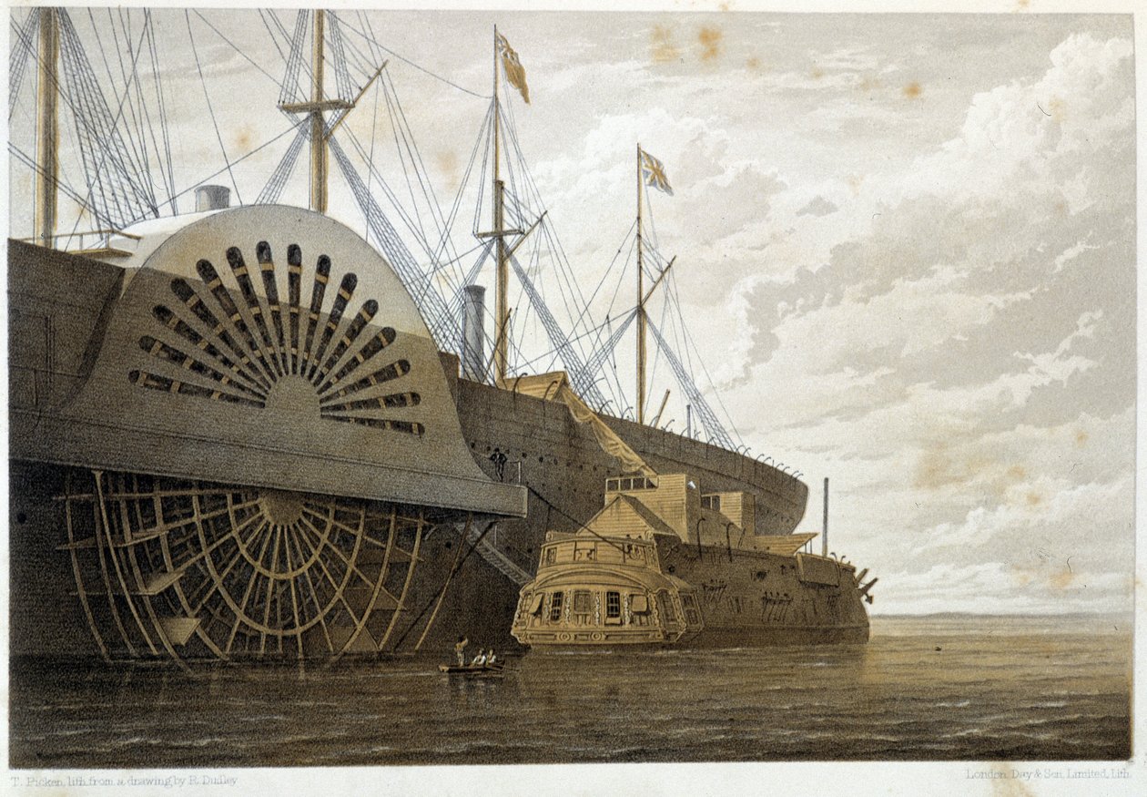 Den gamle fregatten med sin kabelfrakt langs "" GreatEastern"" ved Sheerness - i "" The Atlantic telegraph"" av W. H. Russel, ca. 1860 av Unknown artist