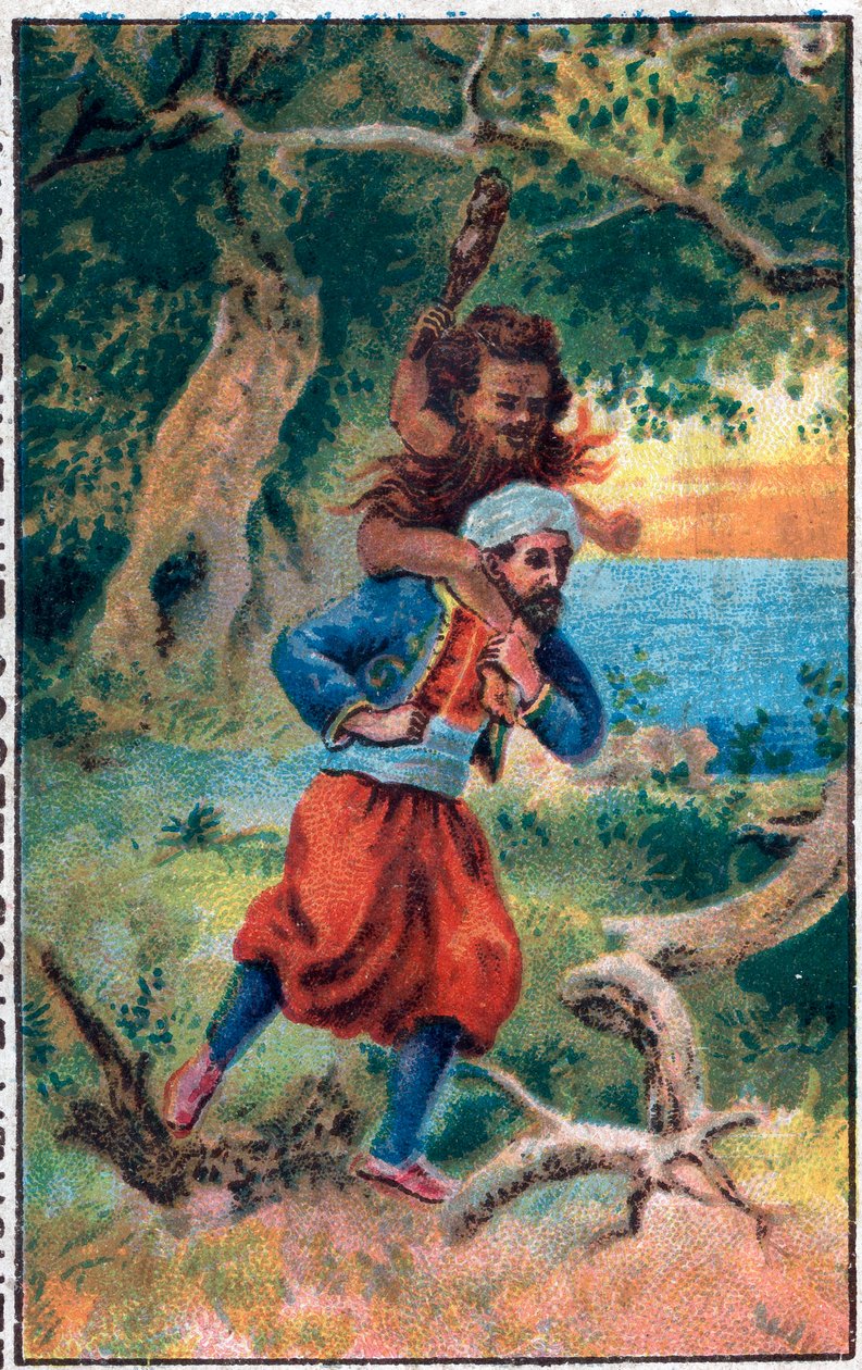 Havets gamle mann. De fantastiske eventyrene til sjømannen Sinbad (Sindbad). Populær fortelling om 1001 netter (ett tusen og en natt). Kromolitografi fra slutten av 1800-tallet. av Unknown artist