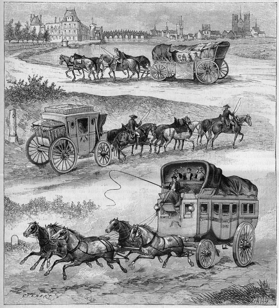 Den gamle reisevognen, 1600-tallets reisevogn, 1700-tallets reisevogn og fliden før jernbanen. Gravering i «La nature»» fra 1888. av Unknown artist