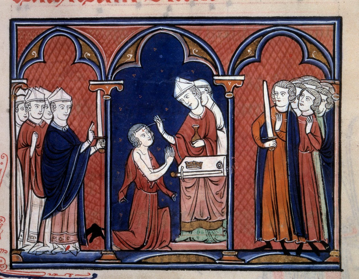 Ordoen til den hellige representasjonen av ritualet for å salve kongen (sannsynligvis Ludvig IX (Saint Louis) (1214-1270)). Miniatyr hentet fra "" Orden for innvielse og kroning av kongene av Frankrike"" 1250 rundt Paris, B.N. av Unknown artist