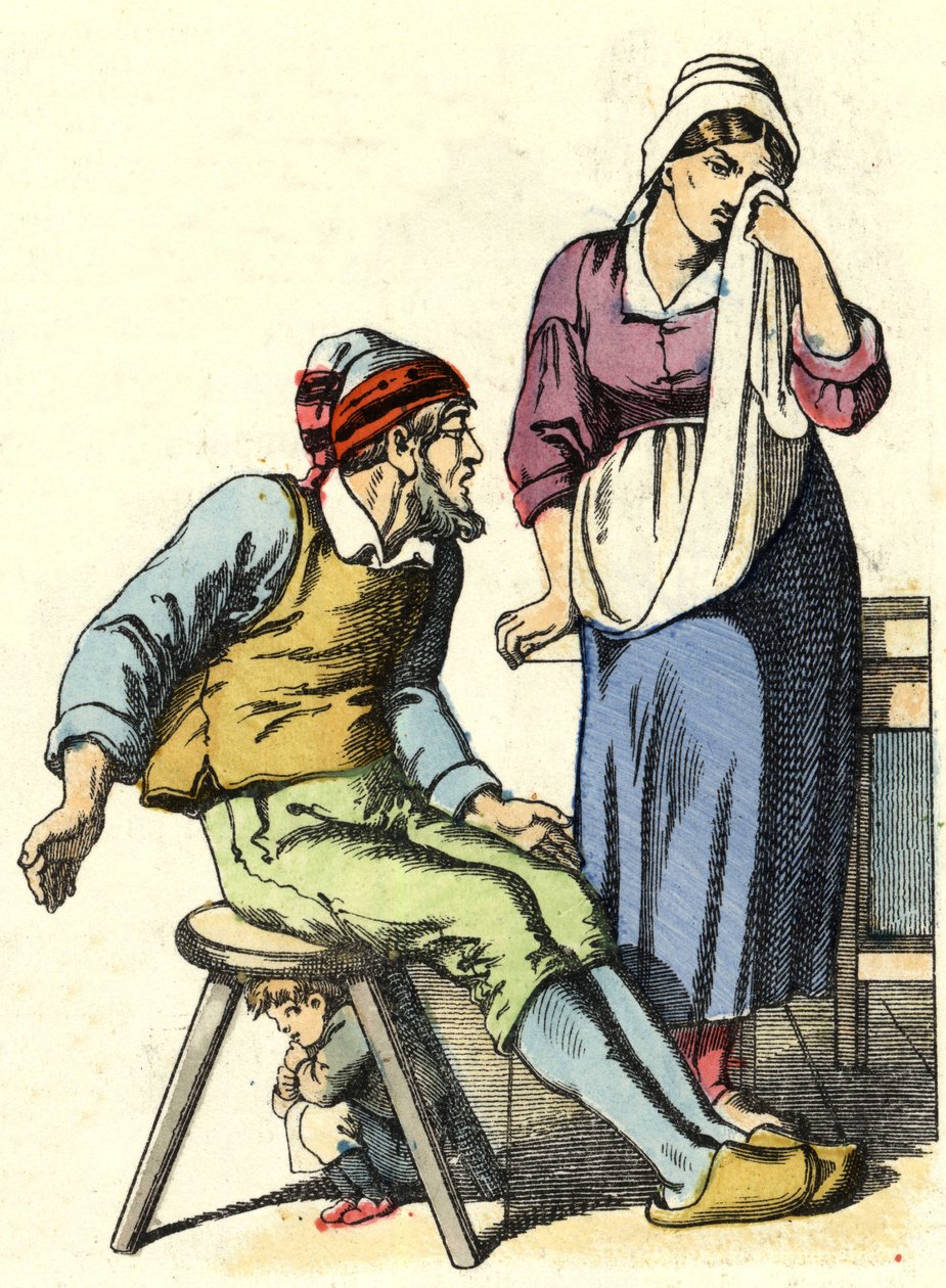 Foreldrene til Little Poucet bestemte seg for å forlate barna sine i skogen. Illustrasjon av historien "" Le Pepetit Poucet"" av Charles Perrault av Unknown artist
