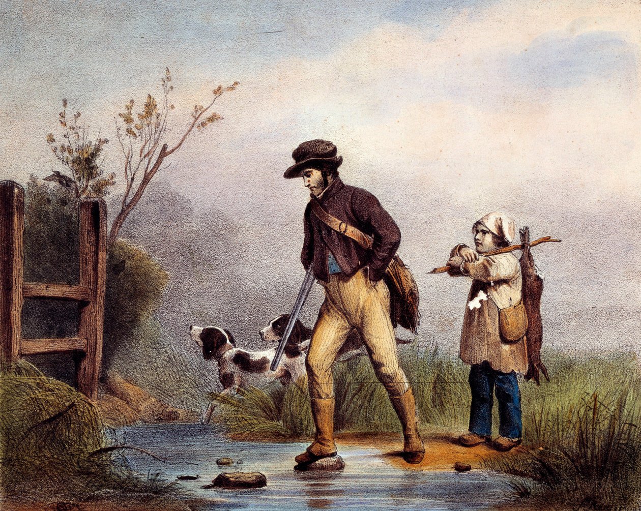 Passasjen har jegere som krysser et vassdrag til fots. Litografi av 1800-tallets Gien, jaktmuseum av Unknown artist