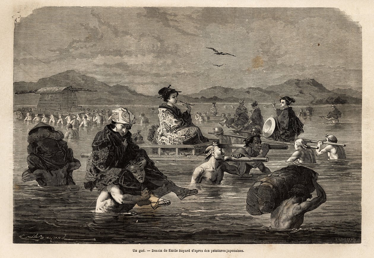 Passasjen til en gjest, med presentasjon av modusene for å frakte passasjerer og bagasje. Gravering for å illustrere reisen til Japan, i 1863-1864, av Aime Humbert, minister for det sveitsiske konføderasjonen, i "" Le tour du monde, nouveau journal des voy av Unknown artist