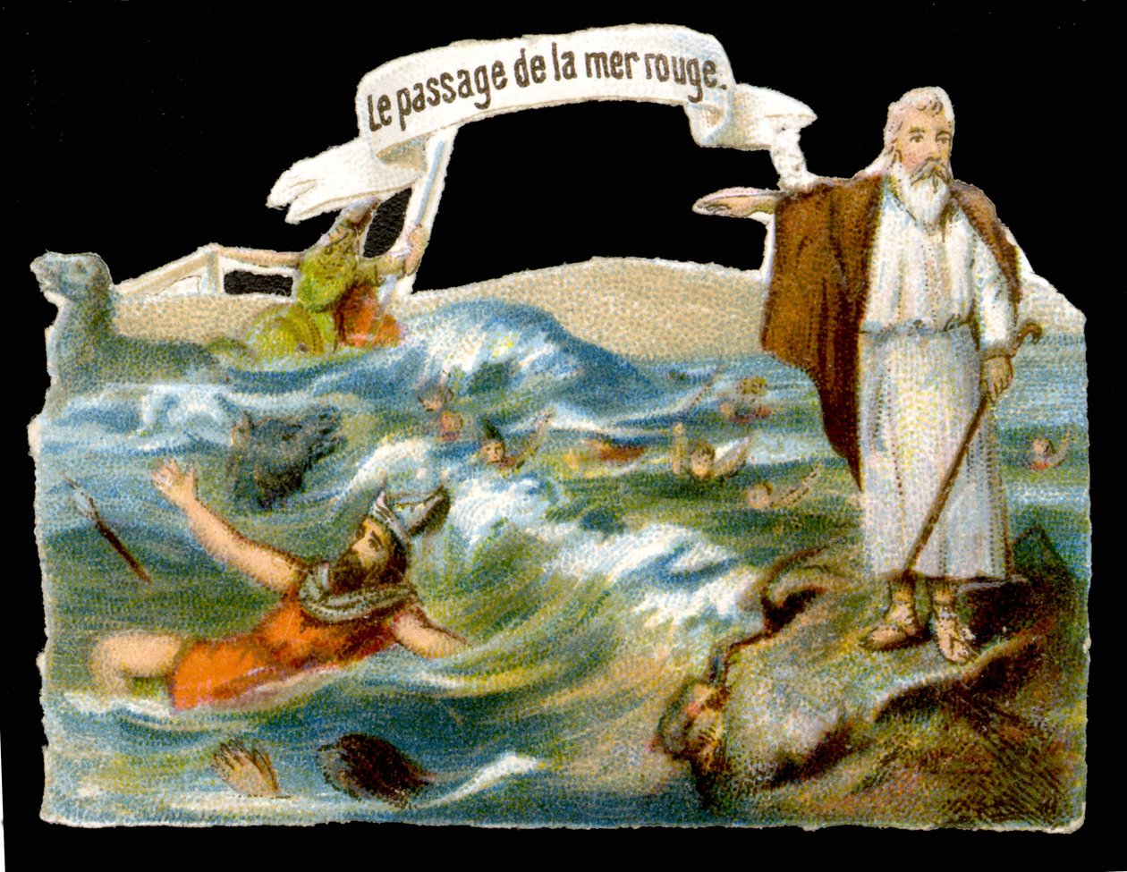 Passasjen av Rødehavet (Moses) - Kromolitografi på 1800-tallet av Unknown artist
