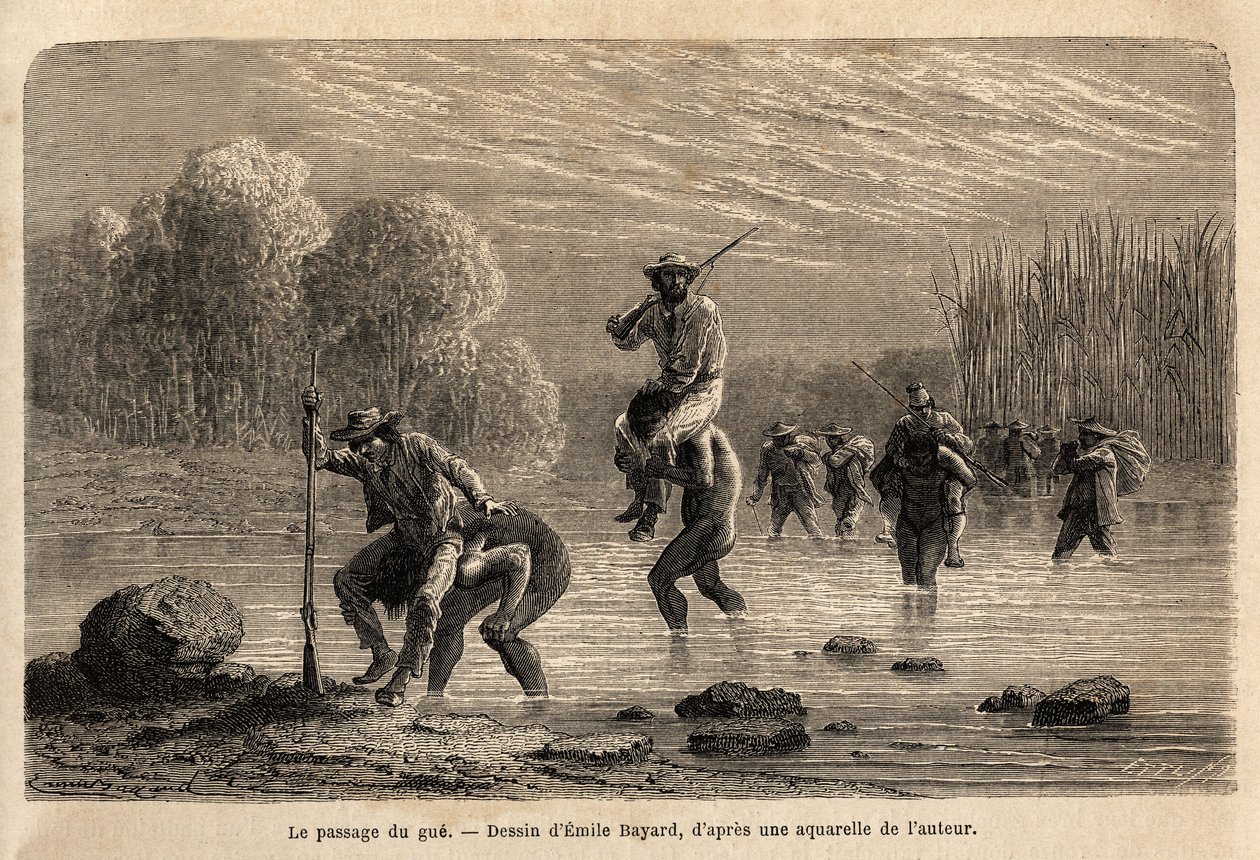 Passasjen til gue, Siriniris-indianerne, foreslår spontant å videreføre ekspedisjonens medlemmer for å få dem til å krysse dammene dannet ved foten av Mount Basiri (Peru). Gravering pour illustrrer le voyage dans les vall av Unknown artist