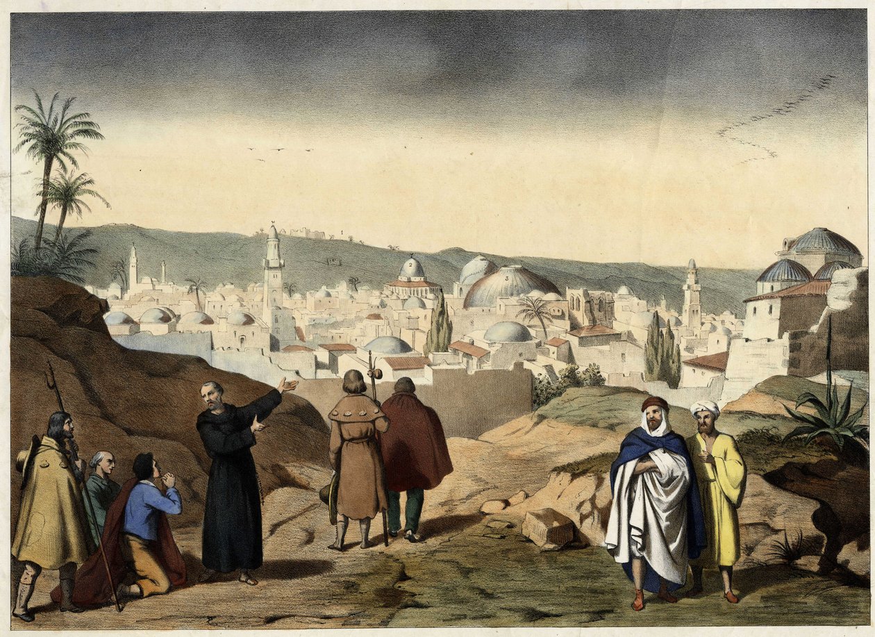 The pelerins arrive at the city of Jerusalem. Anonymous engraving from the middle of the 19th century - in “” Grand Catechism of Families””. av Unknown artist