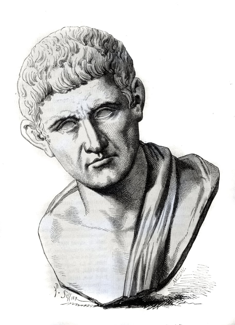 Filosofen Aristoteles (384-322 f.Kr.) etter en skulptur av Palazzo Spada i Roma. Gravering 1800-tallet av Unknown artist