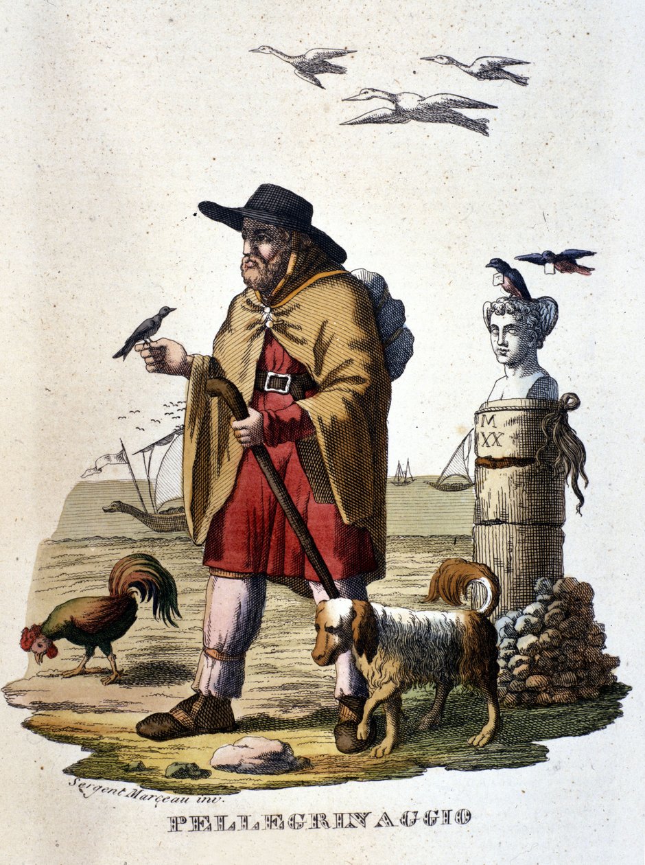 Pilegrimsreisen: en pilegrim på veien til Santiago de Compostela. av Unknown artist