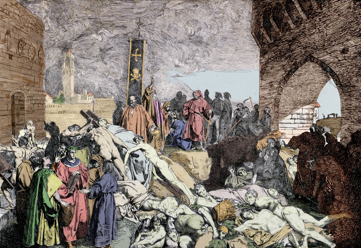 Pesten i 1348 i Firenze (Italia). Nederst til venstre, med en krans av Laurier, Petrarch, italiensk poet og humanist fra renessansen, snakker med andre mennesker. av Unknown artist