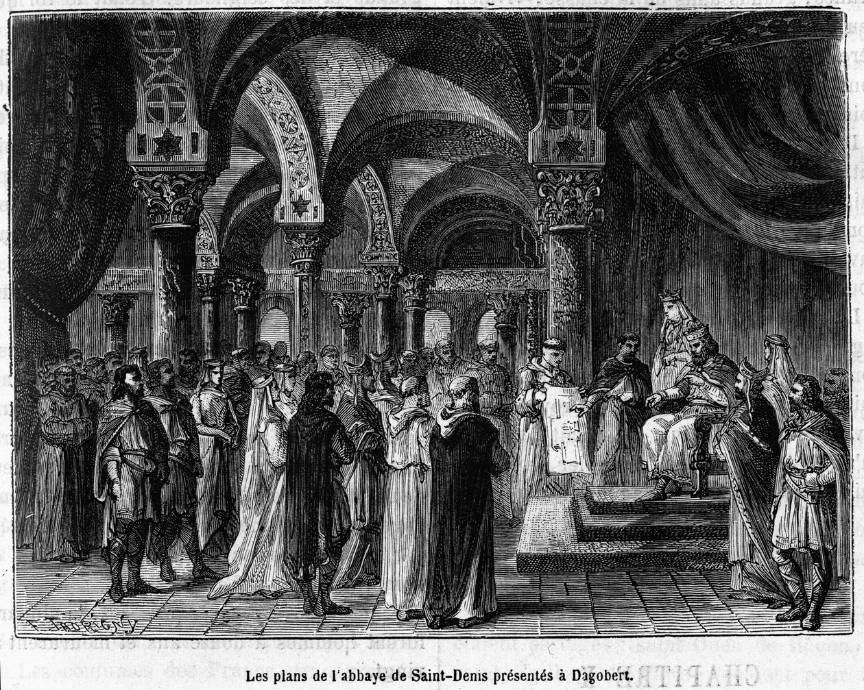 Planene til klosteret Saint-Denis presentert for Dagobert I - i "" Histoire de France"" av Henri Martin, sd. 1800-tallet av Unknown artist