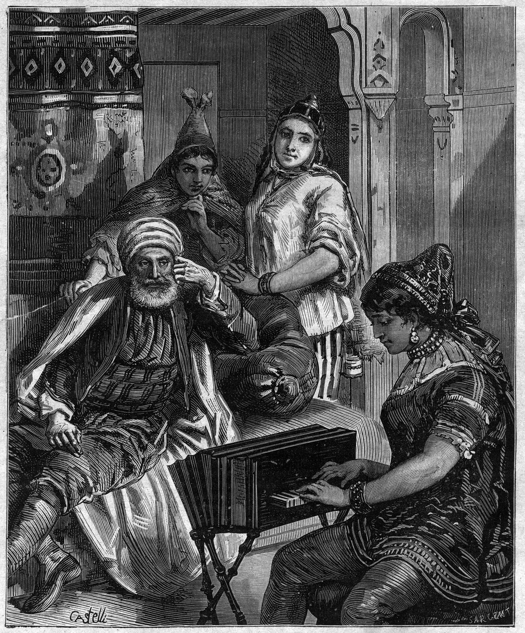 Befolkningen i Tunisia på 1800-tallet - lørdag kveld i en jødisk familie i Tunis - gravering av Castelli i "" journal des voyages""" 1884 av Unknown artist