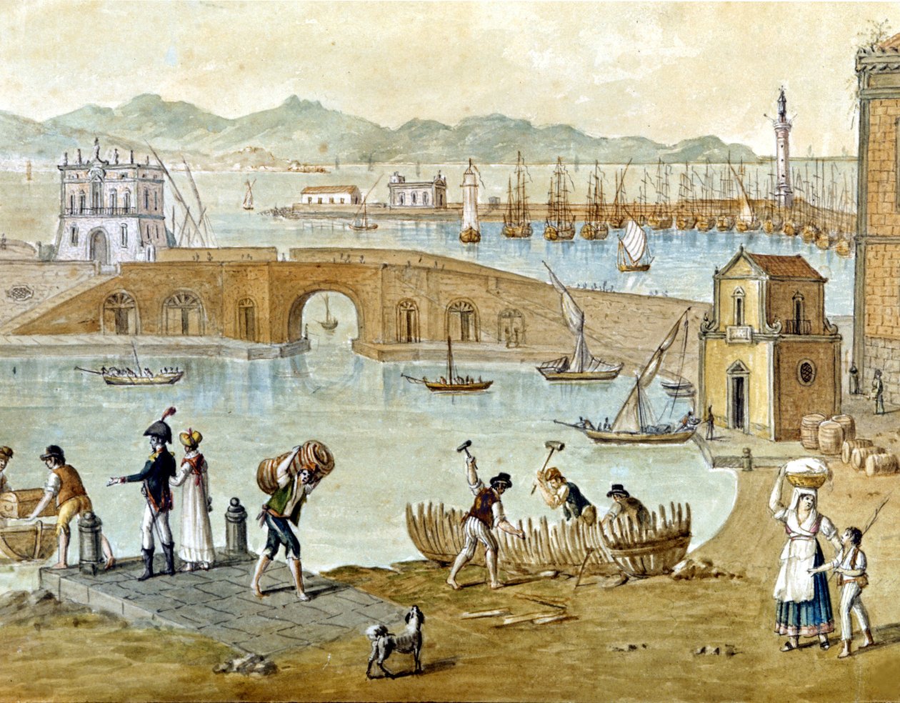 Havnen i Napoli og Santa Lucia rundt 1800: reisende forbereder seg på å reise og snekkere bygger en båt. Akvarell. av Unknown artist