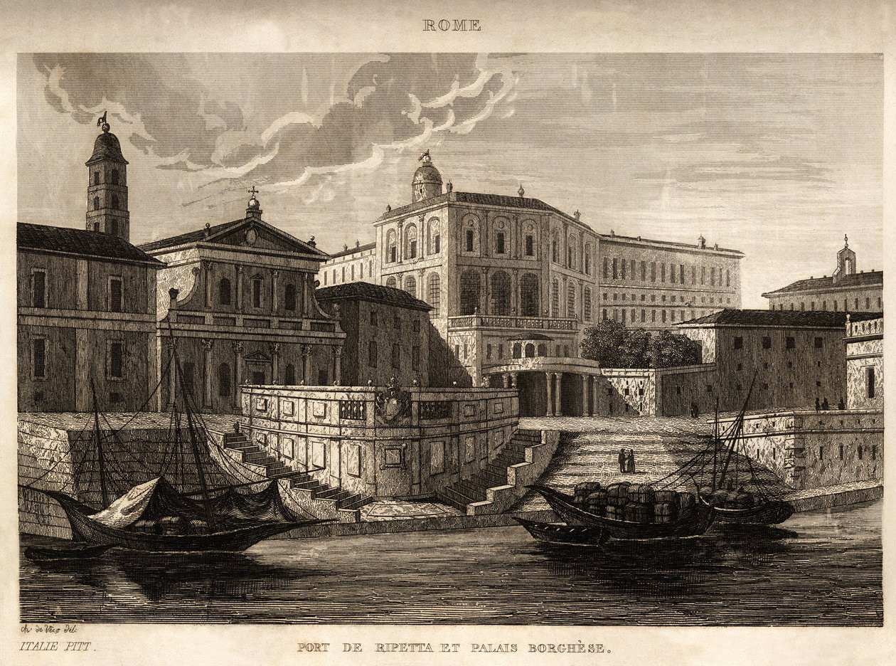 Havnen i Ripetta og Borghese-palasset i Roma, gravering av Ch. de Vene, i "" Picturesque Italy", Amable Coste-redaktør, Paris av Unknown artist
