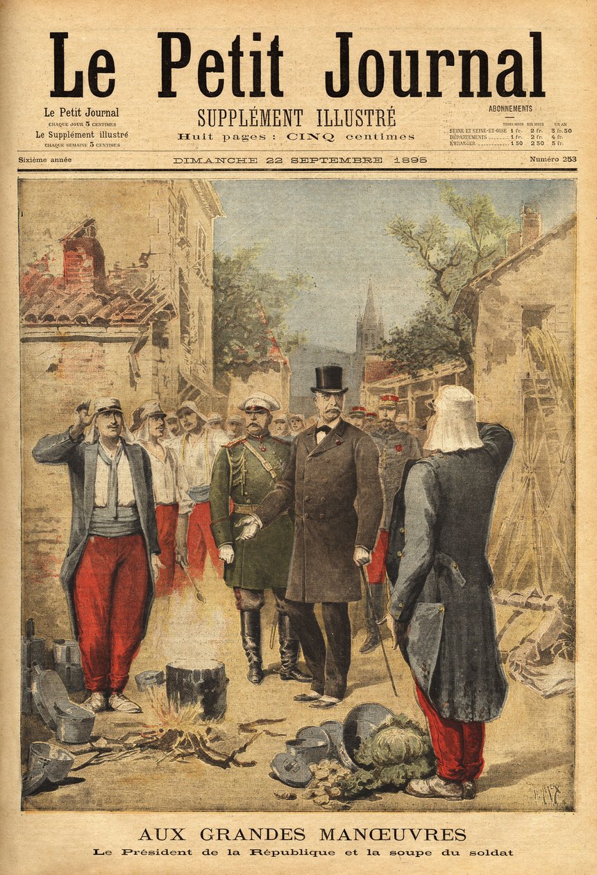 Republikkens president, Felix Faure (1841-1899), besøker troppene i Langres under de store manøvrene og tradisjonen for alle besøkende, han smaker på suppen til soldaten. Gravering i "" Le petit journal"" 22.09.1895. Selvas samling. av Unknown artist