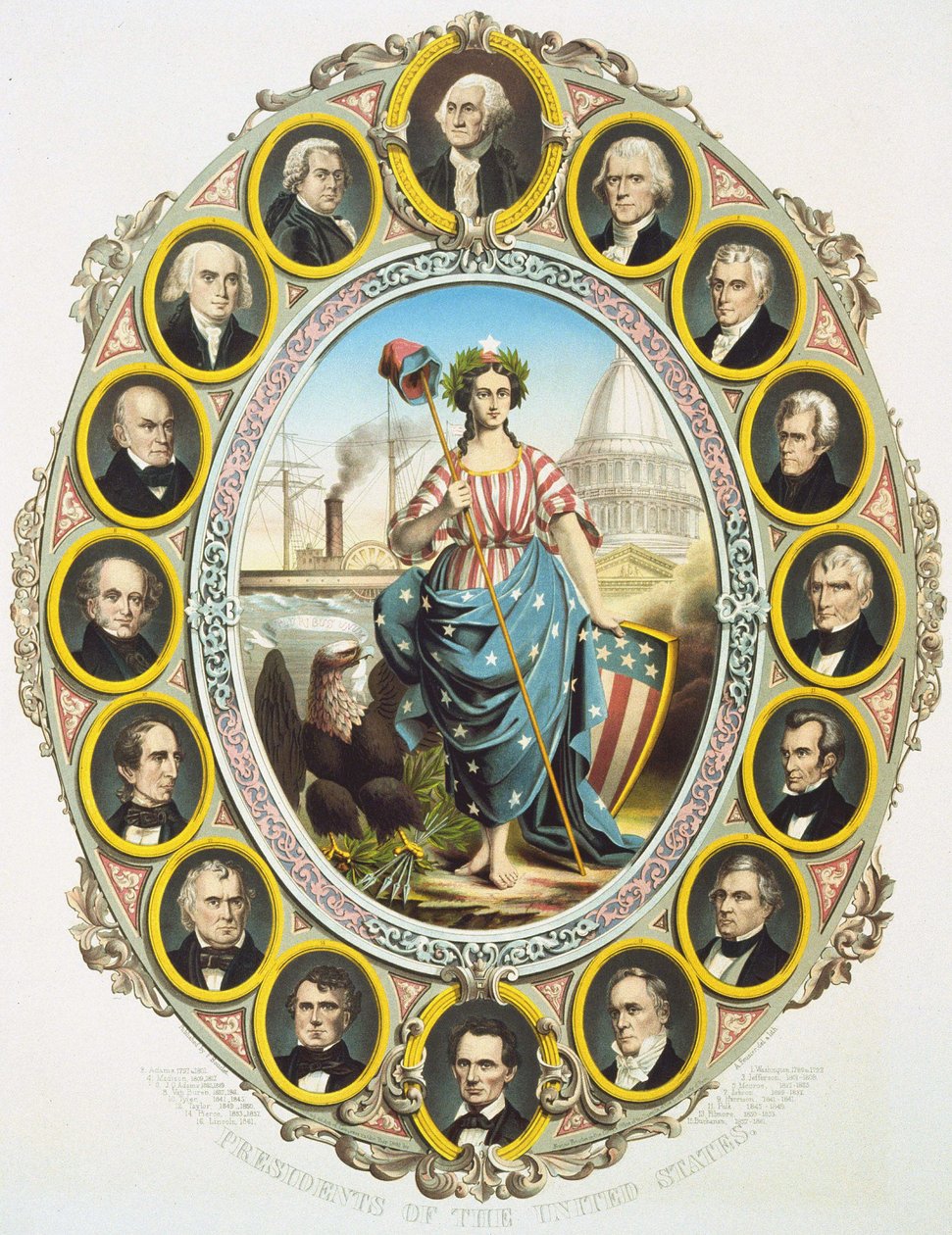 The presidents of the United States with the symbol of America in the middle. Up, Washington and down Abraham Lincoln. Poster published at the inauguration of Lincoln