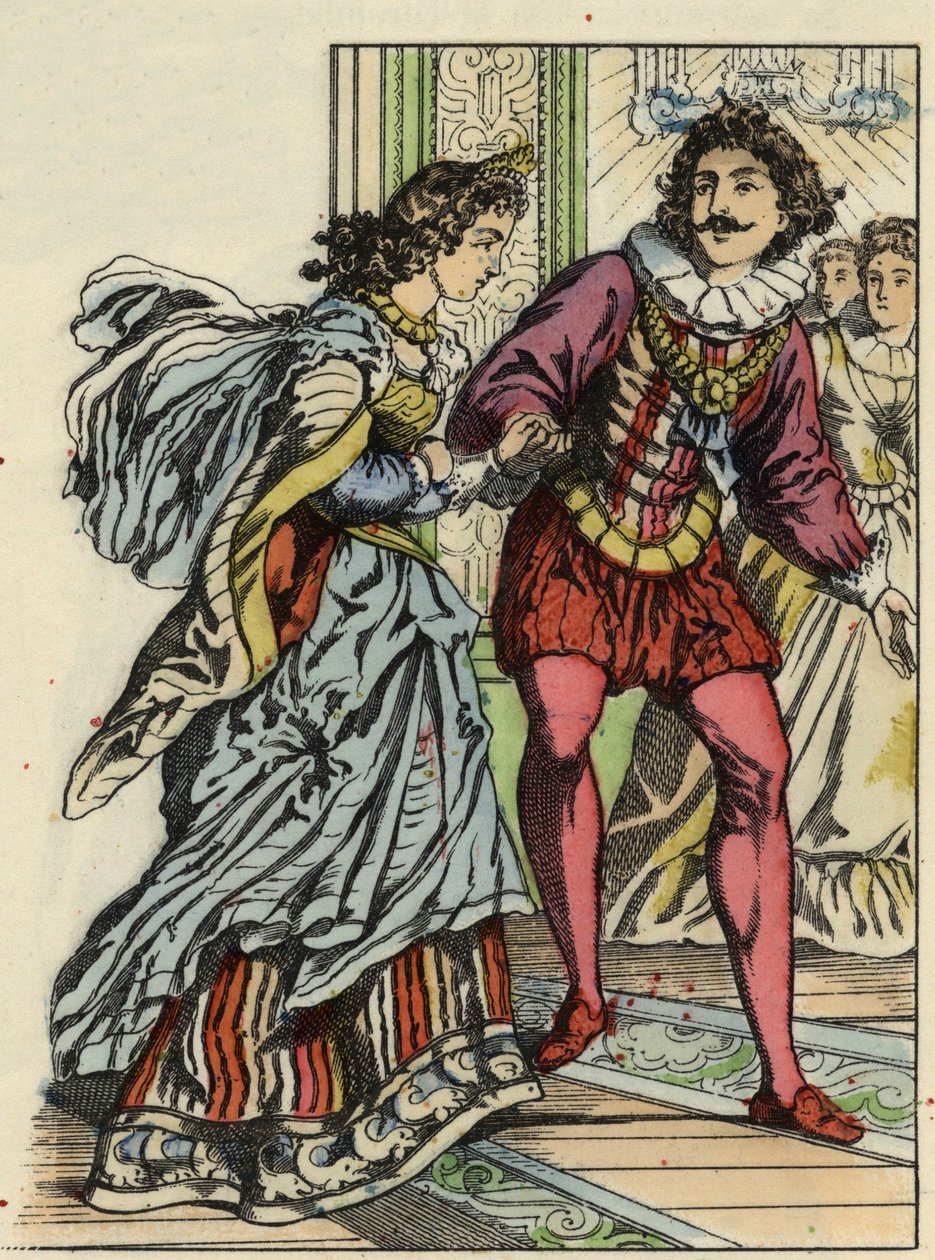 The prince invites Cinderella to dance. Illustration of Charles Perrault