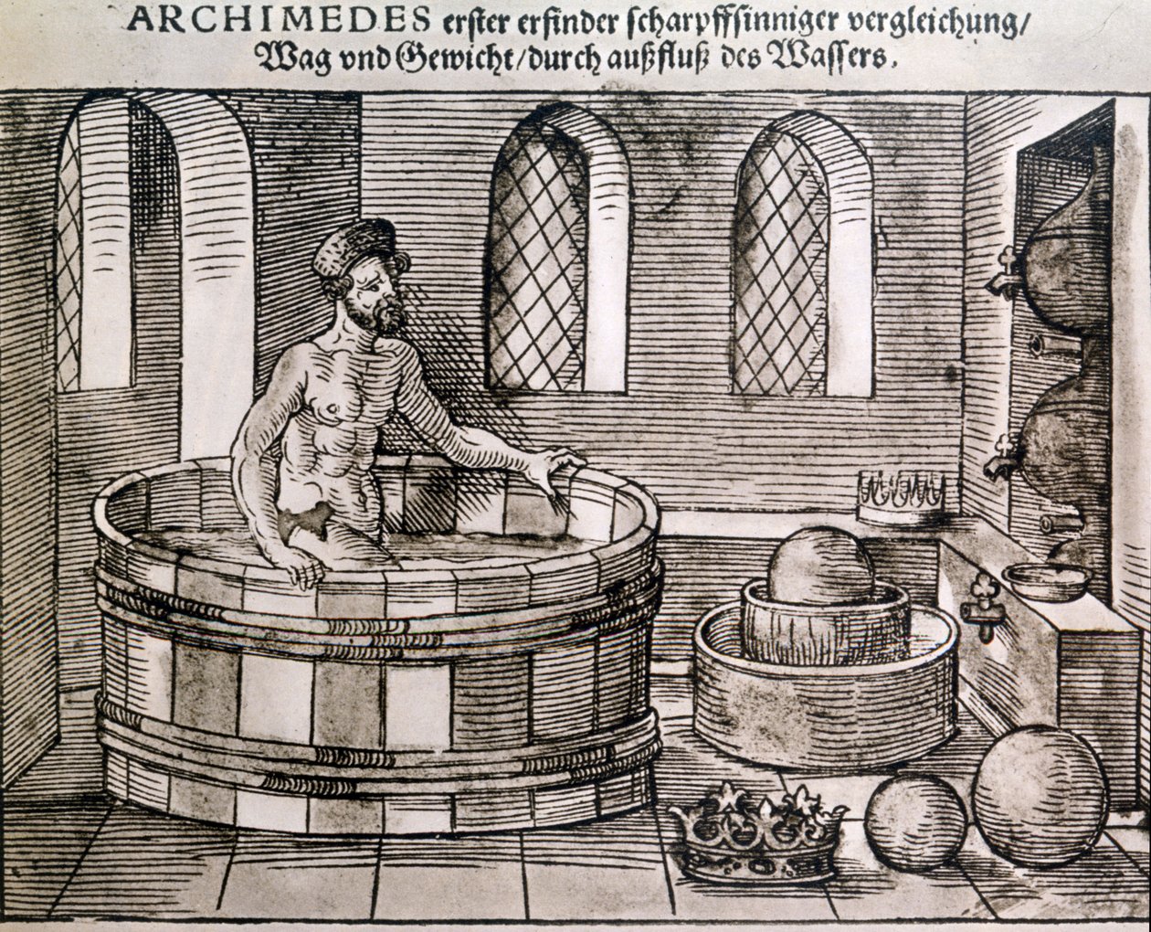 Prinsippet til Arkimedes (fremstøt av legemer i vann). av Unknown artist