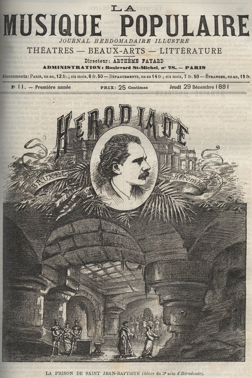 Døperen Johannes fengsel - dekor av 3. akt av "Herodiade", opera i fire akter og syv malerier av Jules Massenet, på en libretto av Paul Milliet og Henri Gremont - gravering i "La musique populaire"" illustrert ukeavis - 1882 av Unknown artist