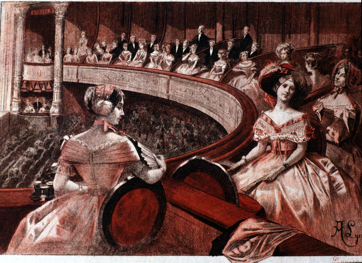 Publikum på en balkong på teatret. av Unknown artist