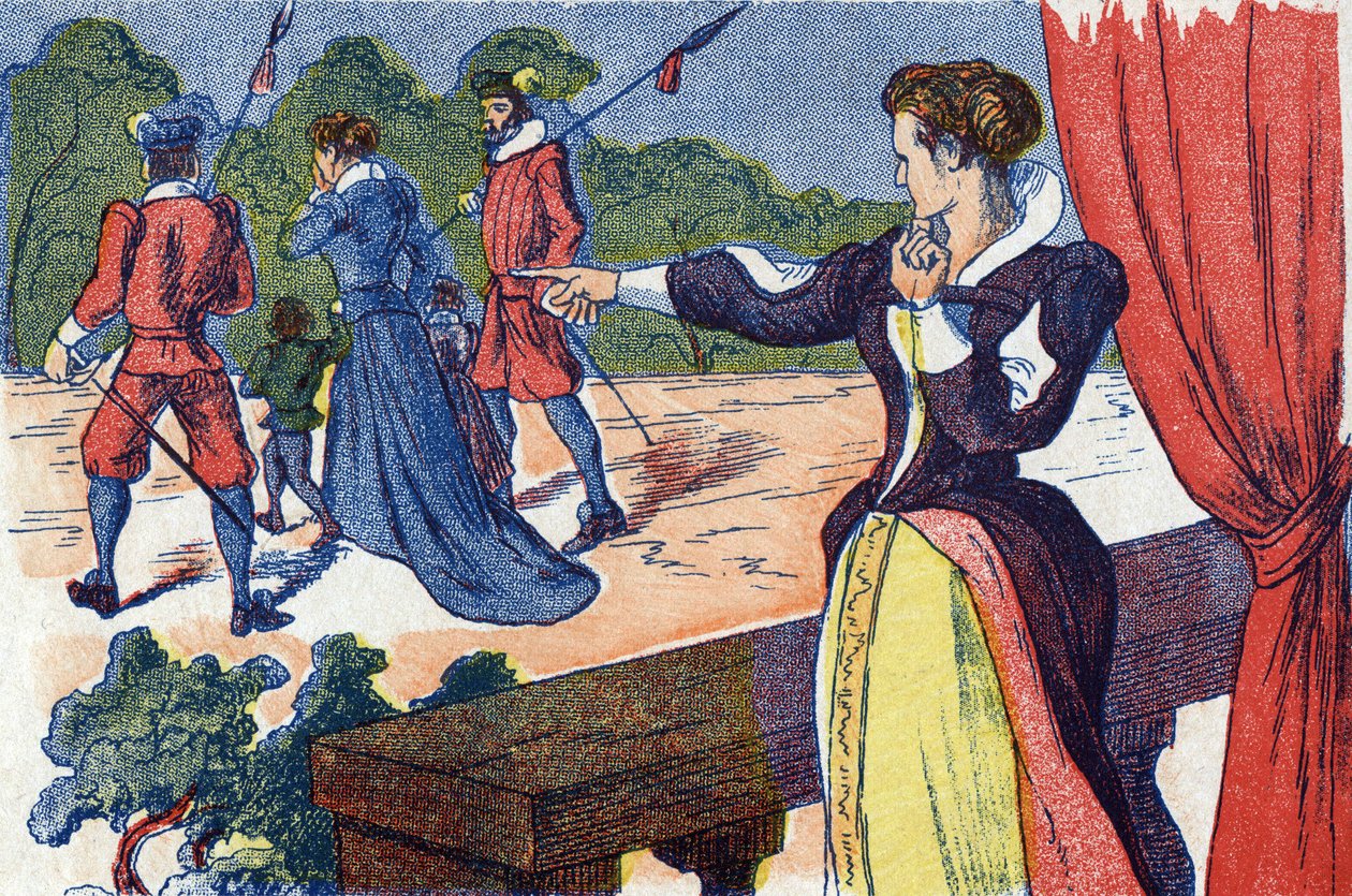 Dronningens mor har dronningen og barna hennes innelåst. Anonym illustrasjon for "La belle au bois dormant", fortelling av Charles Perrault (1628-1703), fransk forfatter. Bilder Marcel Vagne, Jarville Nancy, udatert (slutten av 1800-tallet). av Unknown artist