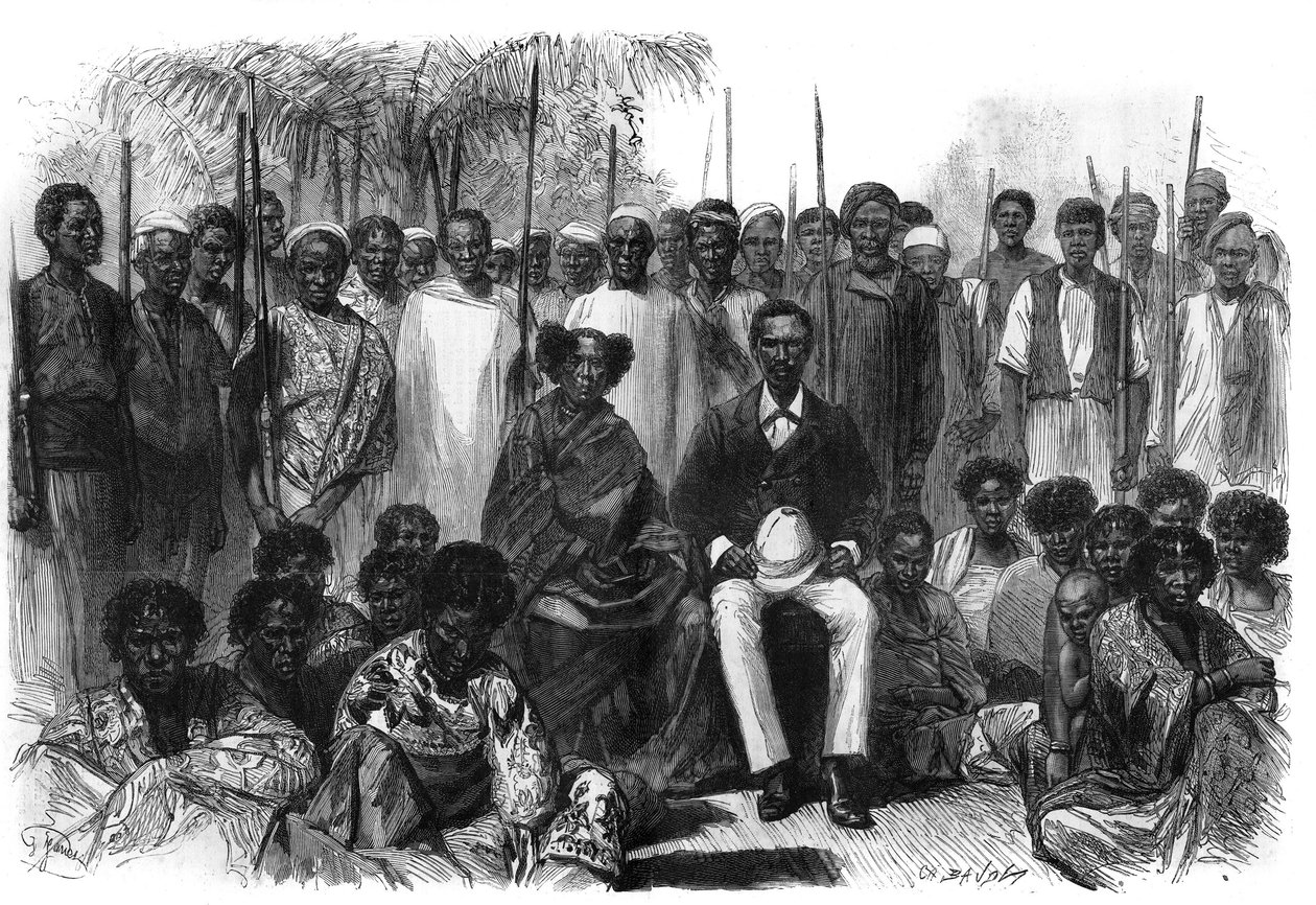 Dronningen av Sakalaves, Anarina og hennes ektemann av howa-opprinnelse, kom under beskyttelse av Frankrike under ekspedisjonen fra Madagaskar. Gravering i "" Le Monde Illustré"" av Unknown artist