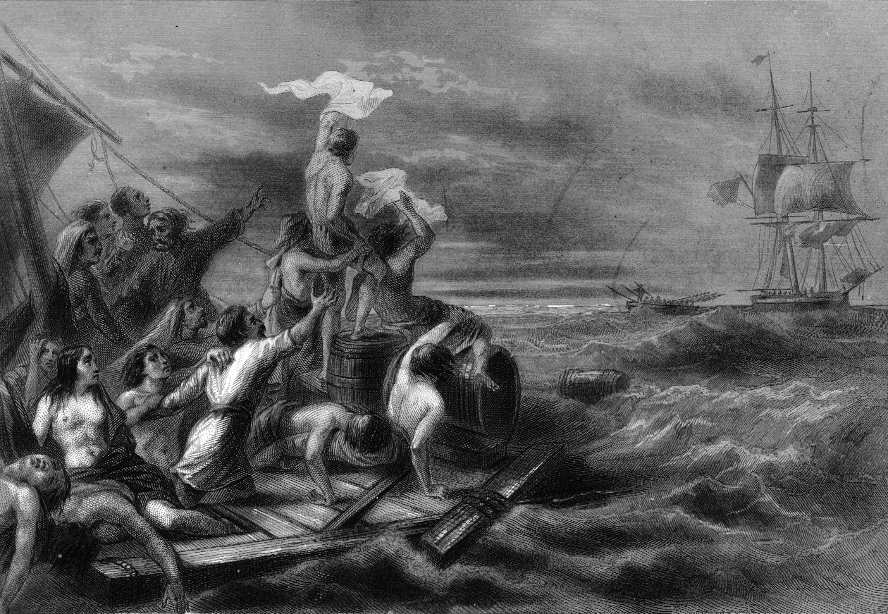 The raft of the Medusa seeing the Argus offshore. in “Histoire générale de la marine” by Van Tenac av Unknown artist