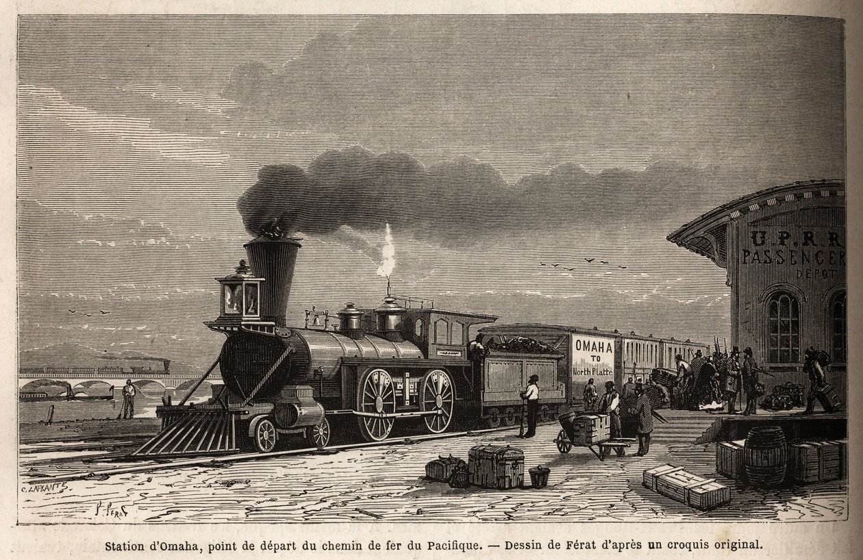 Jernbanen har Omaha Station (Nebraska), startpunktet for linjene som fører til Stillehavet. Gravering for illustrasjon av turen til det amerikanske fjerne vesten, av M. L. Simonin, i 1867, publisert i "Le tour du monde, nouveau journal des voyages"", redig av Unknown artist