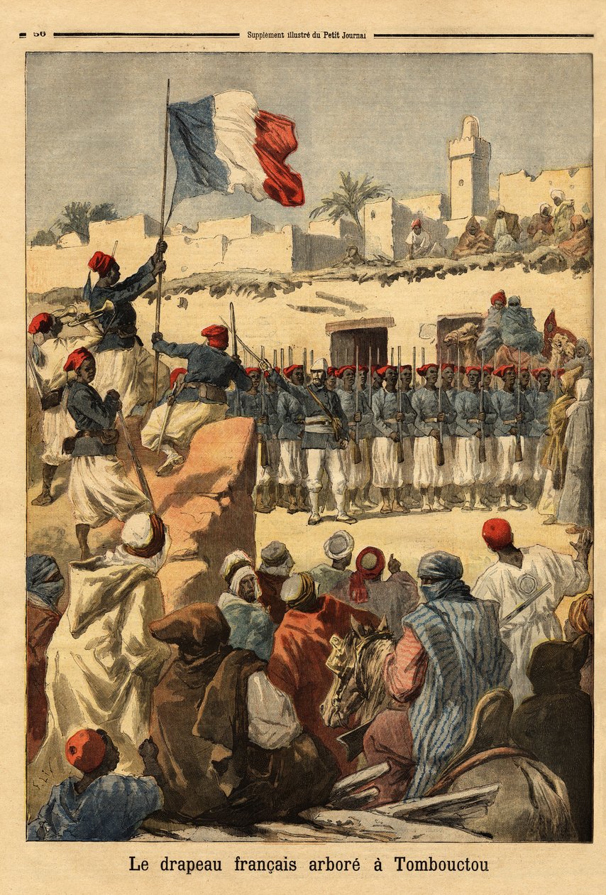 Heisingen av det franske flagget i Timbuktu (Mali) av oberstløytnant Francois Xavier Bonnier (1857-1944) under den franske erobringen av det franske Sudan (egentlig Mali) - Det franske flagget vises i Timbuktu (lokalisert ved Niger-elven, Mali) ) av co av Unknown artist