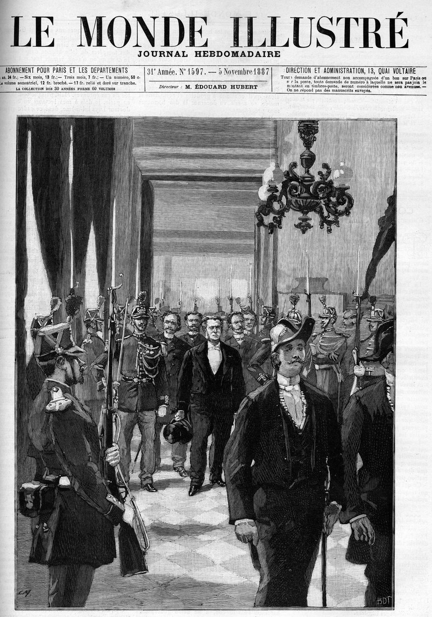 The rented rooms in 1887, with President Charles Floquet in head (1828-1896). Cover of “” The Illustrious World”” from 1887. av Unknown artist