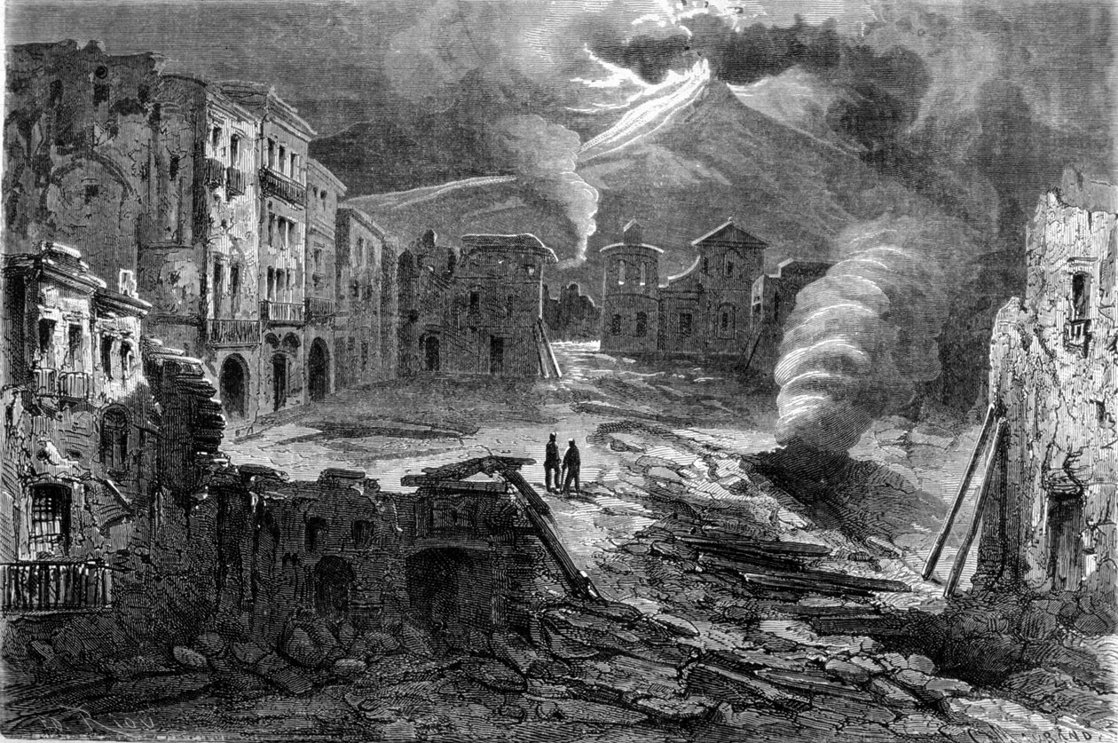 Resten av Piazza de Torre del Greco under utbruddet av Vesuv 8/12/1861. av Unknown artist