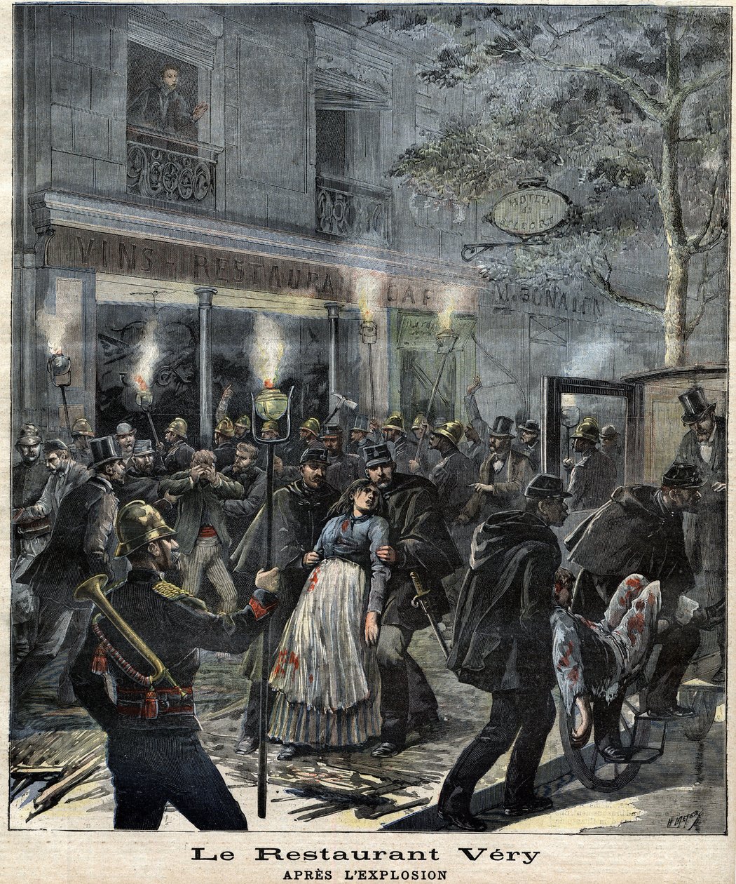 Restauranten Very (24 Boulevard Magenta i Paris) etter eksplosjonen forårsaket av angrepet av anarkisten Francois Koenigstein dit Ravachol (1859 - 1892) 30. mars 1892. I "" The Petity Journal" av Unknown artist