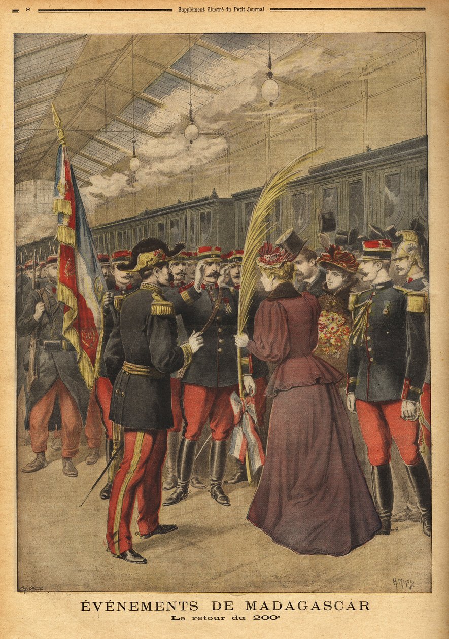 Returen av oberst Brice Bizots 200. regiment (1848-1929) til Port Vendor, hvor damene i Perpignan ga dem en trefarget palme for å feire deres heltemot. Gravering i "" Le petit journal"" 5/01/1896. Selvas samling. av Unknown artist