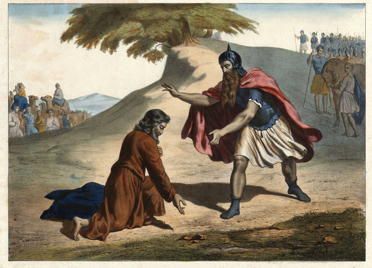 The return of Jacob and his meeting with Esau - Jacob returns to Canaan Land with his wives and children: he meets his brother Esau. Engraving of the half of the 19th century. av Unknown artist