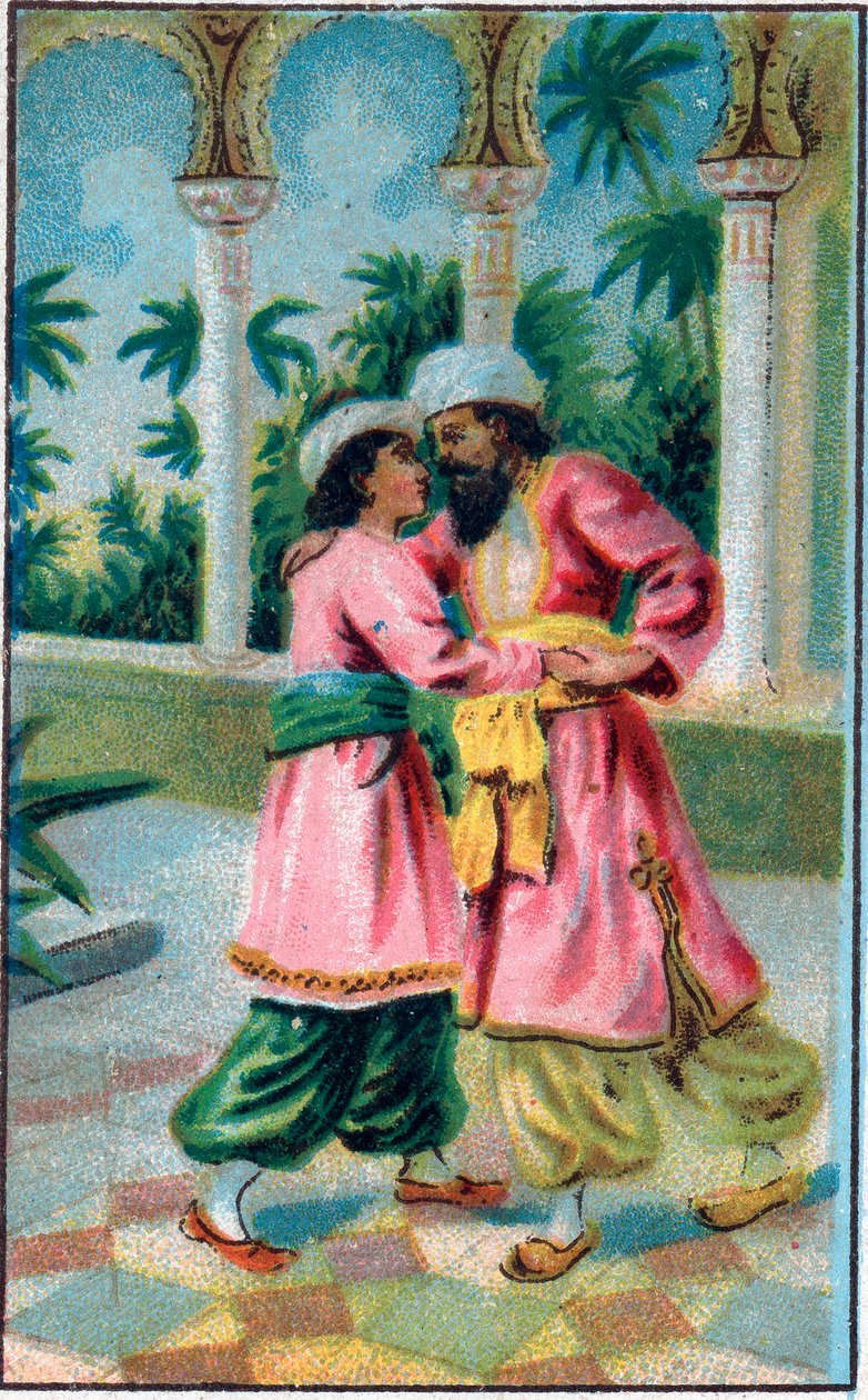 Prinsens retur. Fortelling "" Historien om den fortryllede hesten""" i "" De tusen og en natt""" (de 1001 nettene eller Le mille e una notte, Arabian Nights). Kromolitografi fra slutten av 1800-tallet. av Unknown artist