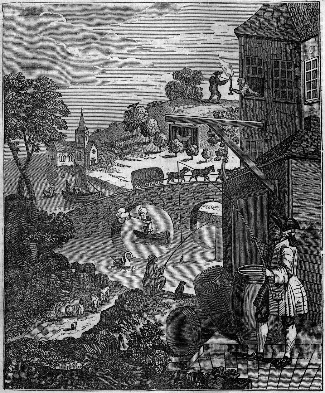 Det latterlige perspektivet Satirisk illustrasjon av William Hogarth (1697-1764) som håner kunsten til malernes perspektiv ved å foreslå plannivåene til objekter og personer umulige i virkeligheten på grunn av avstander. av Unknown artist