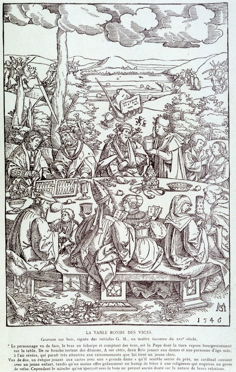 Det runde bordet med laster: lek, grådighet, begjær, stolthet... - Gravering 1546 av Unknown artist