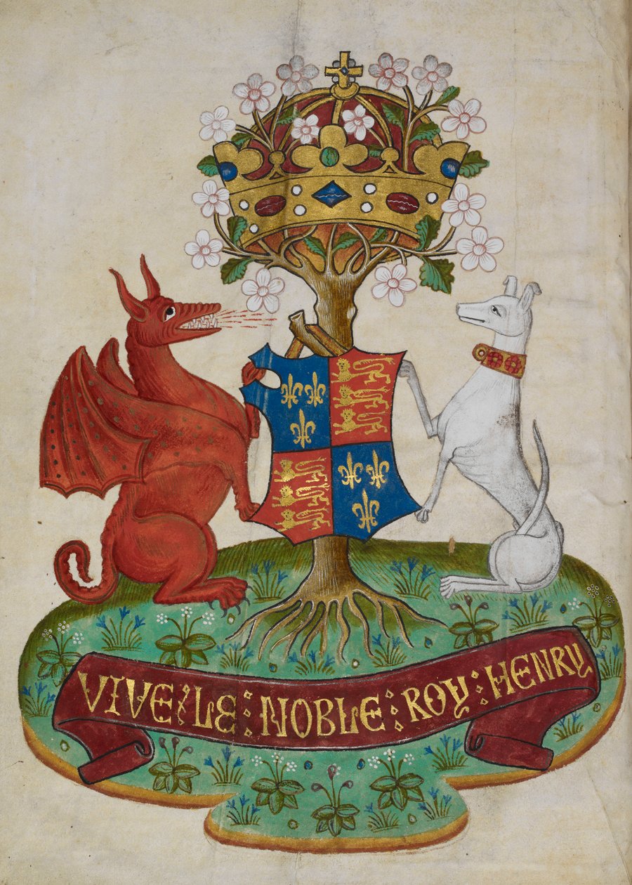 De kongelige våpen i England til Henry VII støttet av en hvit mynde og en rød drage av Unknown artist