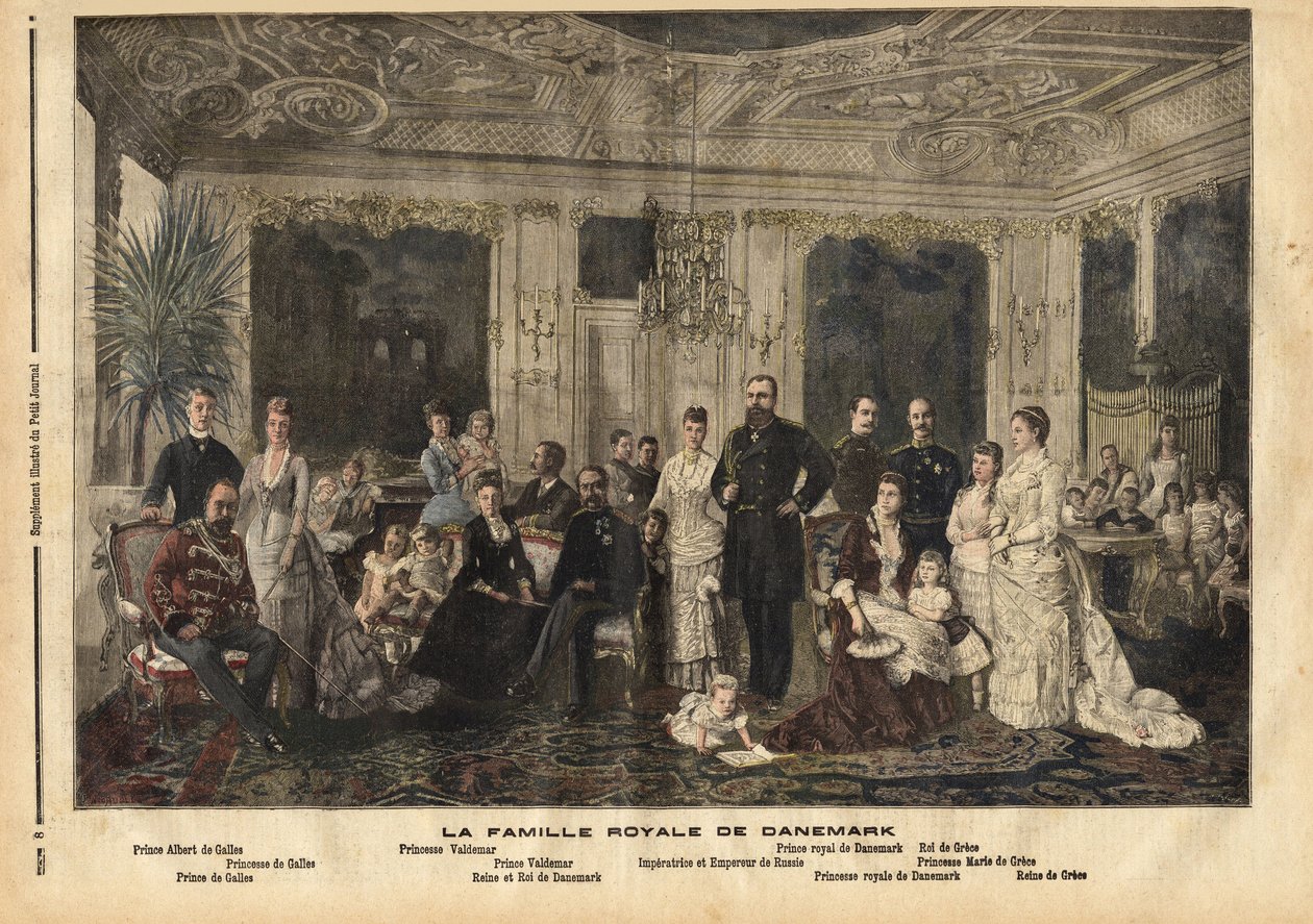 Kongefamilien i Danmark, som sitter i sentrum, dronning Louise av Hessen-Kassel (1817-1898) og kong Christian IX av Danmark (1818-1906) fikk kallenavnet "Europas kjekke far" fordi han giftet flere av barna sine med arvinger av den store kongelige f av Unknown artist