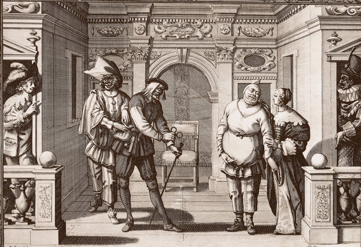 The royal troupe of the Italian Comedie at the theatre of the Hotel de Bourgogne, rue Mauconseil in Paris av Unknown artist
