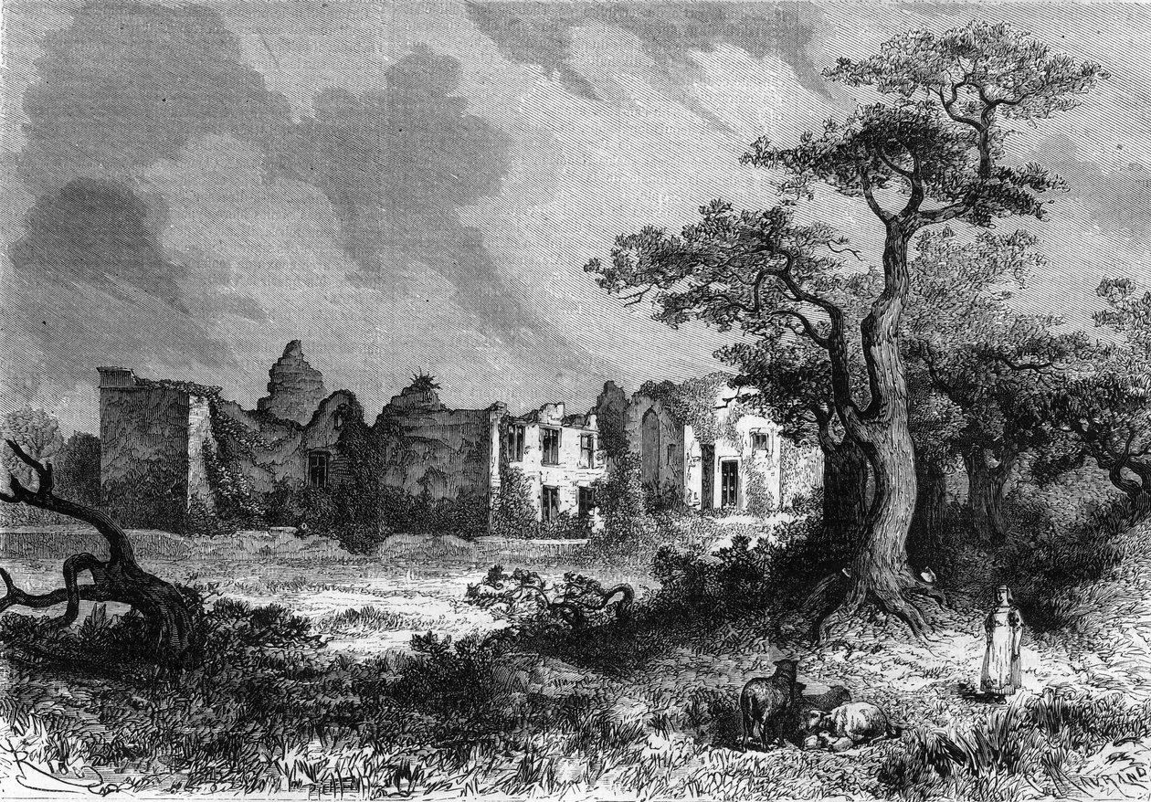 Ruinene av Chateau de la Mailleraye nær Parthenay, avdeling av Deux-Sevres (Deux Sevres) i Poitou-Charentes-regionen (Poitou Charentes). Gravering i ""The Illustrious Universe"" av Unknown artist