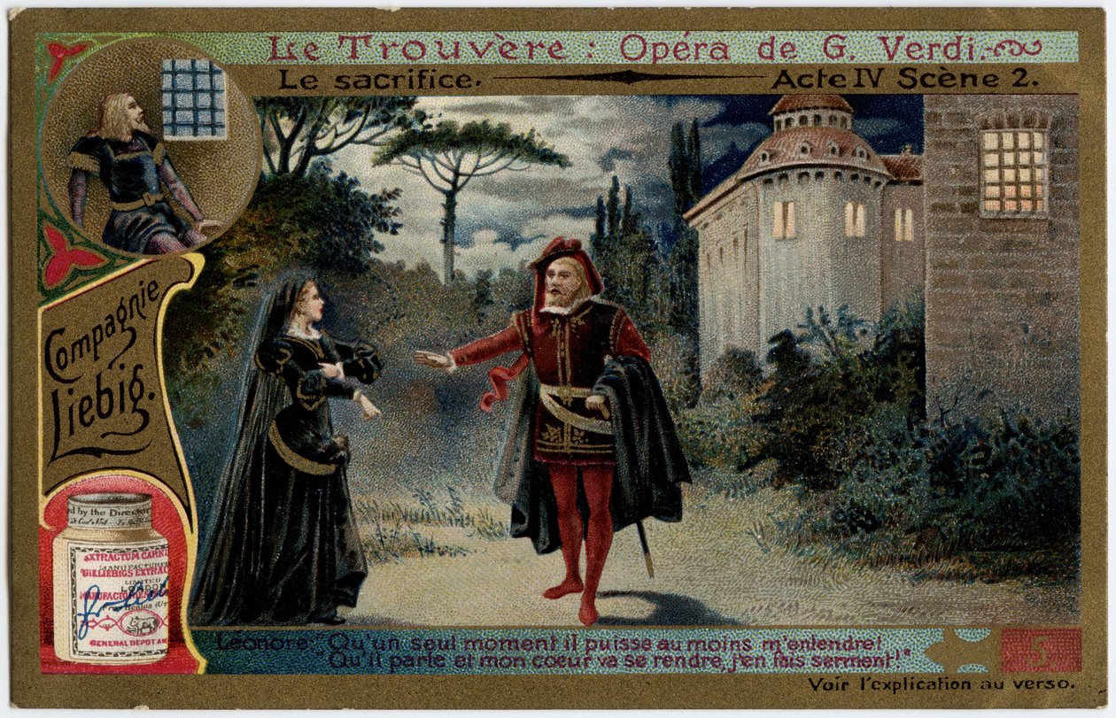 Offerakten IV scene 2. Illustrasjon til operaen "" Funnet"" (Il trovatore) av Giuseppe Verdi (1813-1901). Kromolitografi (Chromo) Liebig fra slutten av 1800-tallet. av Unknown artist