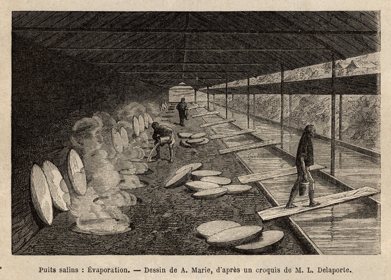 Saltbrønnene til Ho-Boung (Ho Boung), de åpne galleriene på fjellsiden, 20 meter dype, er støttet av trerammer, vannet føres av bambuskanaler inn i marmortrau, hver tilsvarer en ovn, hvor saltvann er konsentrert for av Unknown artist