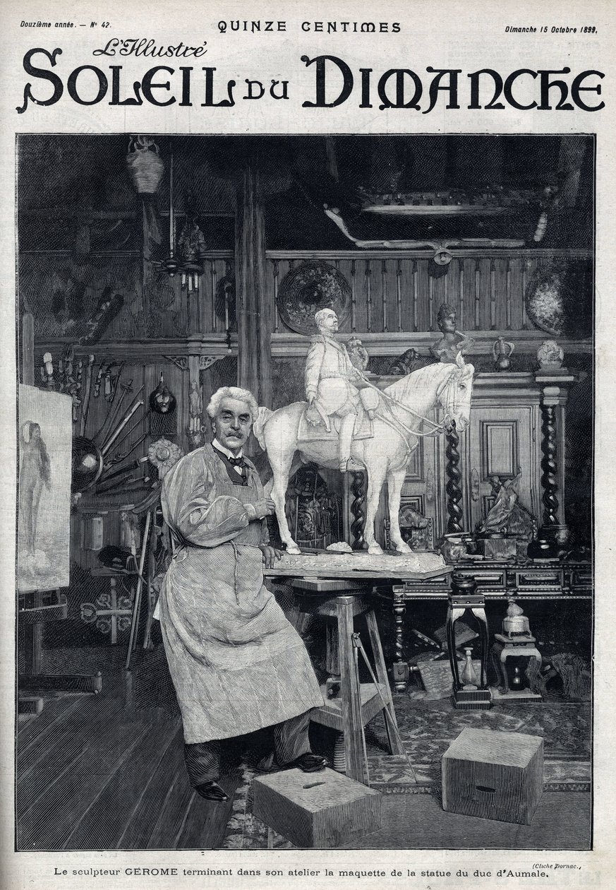 Billedhuggeren Jean Leon (Jean-Leon) Gerome (1824-1904) fullfører i sitt studio modellen av statuen av hertugen av Aumale - Gravering i "" Le sun-du-dimanche"", 15. oktober av Unknown artist