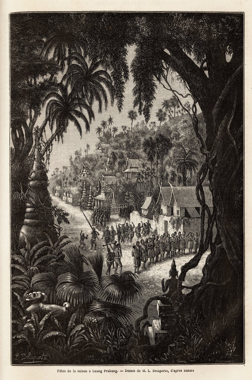 Sesongfeiringen i Luang Prabang, den kongelige hovedstaden i Lan Xang (riket av millionelefantene) (dagens Laos), bestående av en prosesjon av innbyggerne og en pagode for tilbedelse gjennom hele byen. Gravering for å illustrere en oppdagelsesreise av Unknown artist